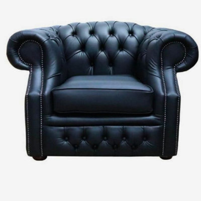 Chesterfield Club Chair Shelly Black Real Leather In Buckingham Style from B&Q