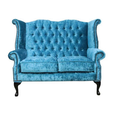 Chesterfield 2 Seater High Back Sofa Modena Peacock Blue Velvet Fabric In Queen Anne Style from B&Q