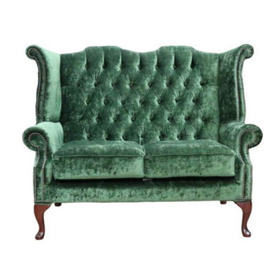 Chesterfield 2 Seater High Back Sofa Modena Forest Green Velvet Fabric In Queen Anne Style from B&Q