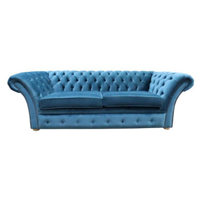 Chesterfield Handmade 3 Seater Sofa Malta Peacock Blue Velvet Fabric In Balmoral Style from B&Q