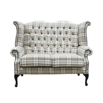 Chesterfield Handmade 2 Seater High Back Sofa Lana Beige Fabric In Queen Anne Style from B&Q