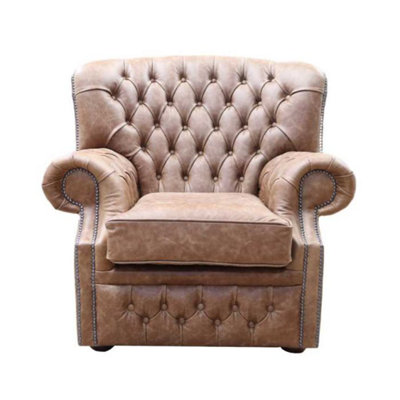 Chesterfield Handmade Armchair Cracked Wax Tan Leather In Monks Style from B&Q