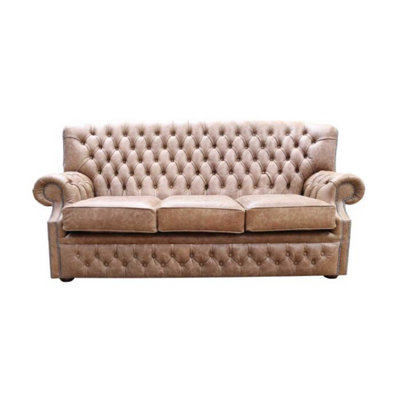 Chesterfield Handmade 3 Seater Sofa Cracked Wax Tan Leather In Monks Style from B&Q