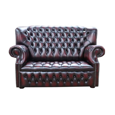 Chesterfield 2 Seater Buttoned Seat Sofa Antique Oxblood Leather In Monks Style from B&Q