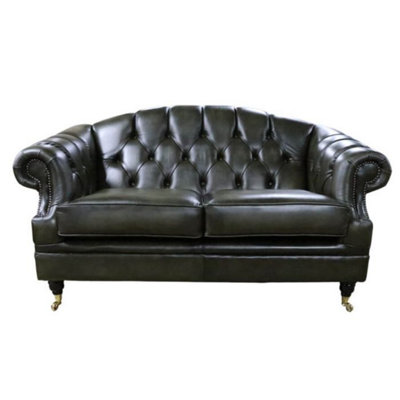 Chesterfield Handmade 2 Seater Sofa Settee Antique Olive Green Leather In Victoria Style from B&Q