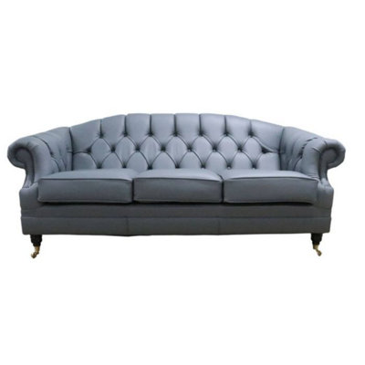 Chesterfield Handmade 3 Seater Sofa Settee Shelly Piping Grey Leather In Victoria Style from B&Q