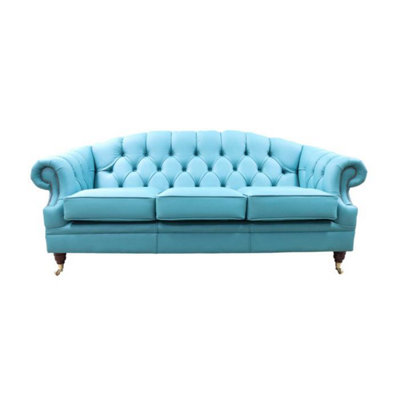 Chesterfield Handmade 3 Seater Sofa Settee Shelly Dark Teal Blue Leather In Victoria Style from B&Q