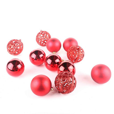  - 12 Piece Shiny & Glitter Christmas Baubles OrnamentsRed