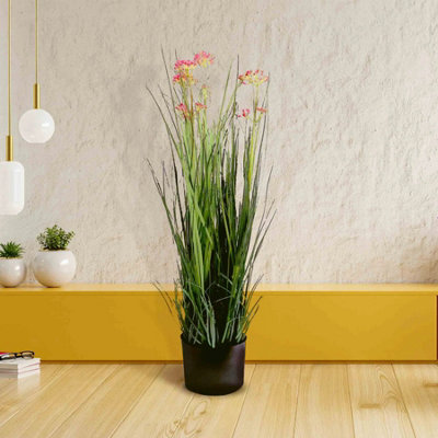 60Cm Artificial Onion Grass With Pink Blossom Flowers In Pot For HomeOffice Decoration from B&Q