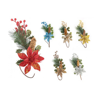 6 Pack Festive Glitter Christmas Poinsettia Flower & Pinecone Picks 6 Colours from B&Q