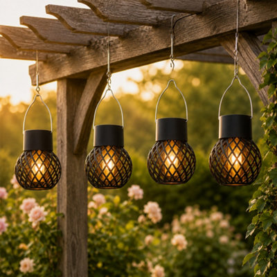  - 4 Pack Solar Hanging Lantern LightsLattice Flame Effect Led Garden Lanterns