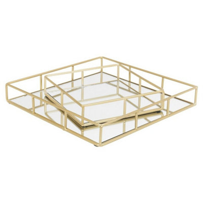 B&Q -  2-Pc Metal Gold Square Mirror Tray