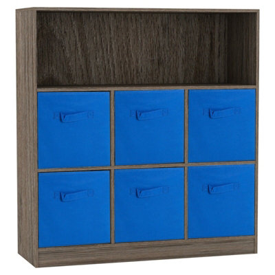 Urbn-Living Urbnliving Height 94Cm Wooden Wide Anthracite Oak 7 Cube Bookcase With Dark Blue 6 Drawers Baskets Storage Unit Shelves from B&Q