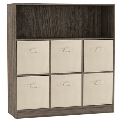 Urbn-Living Urbnliving Height 94Cm Wooden Wide Anthracite Oak 7 Cube Bookcase With Beige 6 Drawers Baskets Storage Unit Shelves from B&Q