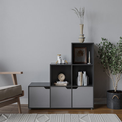 Urbn-Living Urbnliving Height 90.5Cm 6 Cube Step Storage Black Bookcase And Grey Doors For Home Office Organizer Display Shelf Unit from B&Q