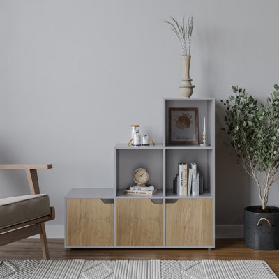 Urbn-Living Urbnliving Height 90.5Cm 6 Cube Step Storage Grey Bookcase And Oak Doors For Home Office Organizer Display Shelf Unit from B&Q