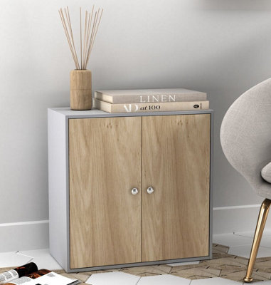 Urbn-Living Urbnliving 60Cm Height 2 Tier Grey Cabinet With Oak Door Wooden Storage Side Bedroom Shelf Unit from B&Q