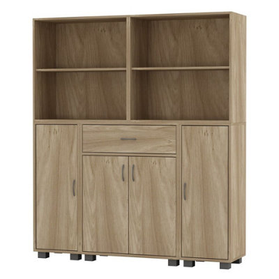 Urbn-Living Urbnliving Height 140Cm 4 Door 4 Shelf Oak Bookshelf 1 Drawer Storage Cabinet Bookcase Cupboard Display Unit from B&Q
