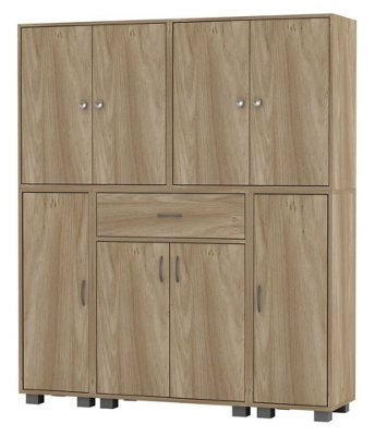 Urbn-Living Urbnliving Height 140Cm 8 Door & 12 Shelf Oak Bookshelf 1 Drawer Storage Cabinet Bookcase Cupboard Display from B&Q