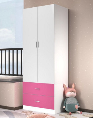 Urbn-Living Urbnliving Height 180Cm Orlando White Wooden 2 Door Pink 2 Drawer Compact Kids Wardrobe Bedroom Storage Hanging Bar from B&Q