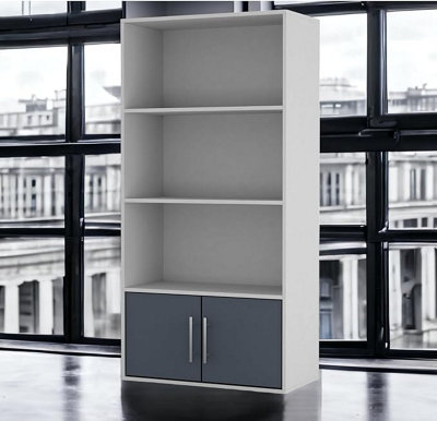 B&Q -  Urbnliving 4 Tier Grey Wooden Bookcase Cupboard With Grey Metal Storage Shelving Display Cabinet