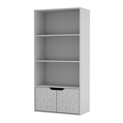 B&Q -  Urbnliving 4 Tier White Wooden Bookcase Cupboard With White Geo Doors Storage Shelving Display Cabinet