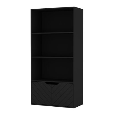  - Urbnliving 4 Tier Black Wooden Bookcase Cupboard With 2 Line Doors Storage Shelving Display Cabinet