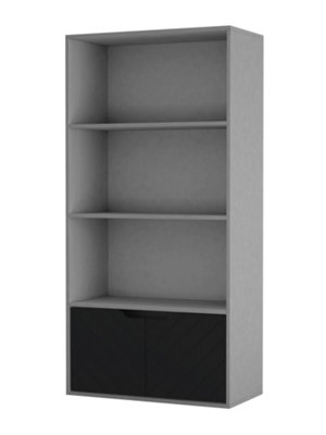  - Urbnliving 4 Tier Grey Wooden Bookcase Cupboard With 2 Black Line Doors Storage Shelving Display Cabinet