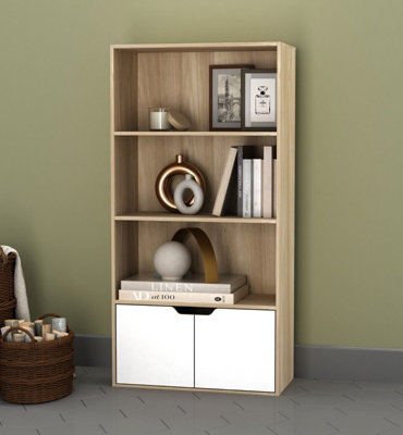 Urbn-Living Urbnliving Height 118Cm 4 Tier Wooden Bookcase Cupboard With Doors Storage Shelving Display Colour Oak Door White Cabinet Unit from B&Q