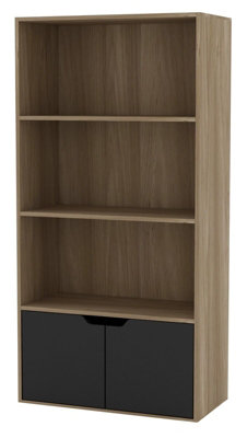 Urbn-Living Urbnliving Height 118Cm 4 Tier Wooden Bookcase Cupboard With Doors Storage Shelving Display Colour Oak Door Black Cabinet Unit from B&Q