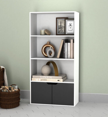 Urbn-Living Urbnliving Height 118Cm 4 Tier Wooden Bookcase Cupboard With Doors Storage Shelving Display Colour White Door Black Cabinet Unit from B&Q