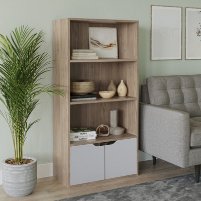 Urbn-Living Urbnliving Height 118Cm 4 Tier Wooden Bookcase Cupboard With Doors Storage Shelving Display Colour Oak Door Grey Cabinet Unit from B&Q