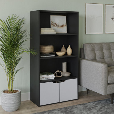 Urbn-Living Urbnliving Height 118Cm 4 Tier Wooden Bookcase Cupboard With Doors Storage Shelving Display Colour Black Door Grey Cabinet Unit from B&Q