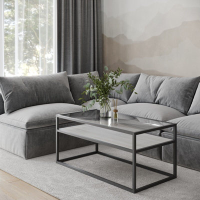 B&Q -  Urbnliving Height 45Cm White Ash Colour Glass Display Top Coffee Table With Steel Frame Reversible Wooden Storage Shelf