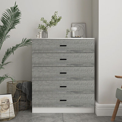 Urbnliving Height 90.5Cm 5 Drawer Wooden Bedroom Chest Cabinet Modern White Carcass And Ash Grey Drawers Wide Storage Cupboard from B&Q