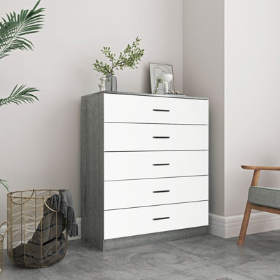 Urbnliving Height 90.5Cm 5 Drawer Wooden Bedroom Chest Cabinet Modern Ash Grey Carcass And White Drawers Wide Storage Cupboard from B&Q