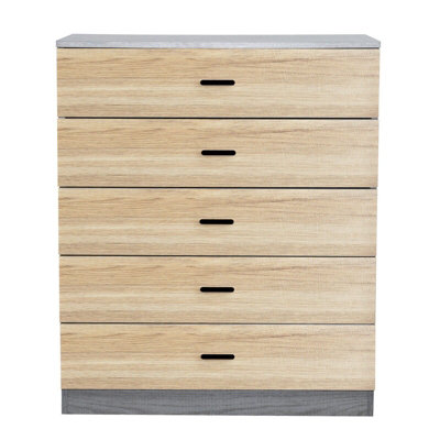 Urbnliving Height 90.5Cm 5 Drawer Wooden Bedroom Chest Cabinet Modern Ash Grey Carcass And Oak Drawers Wide Storage Cupboard from B&Q