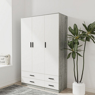 Urbn-Living Urbnliving 180Cm Height White 3 Door 4 Drawer Wardrobe Storage Shelf Modern Bedroom Ash Grey Furniture from B&Q
