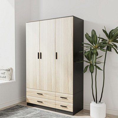 Urbn-Living Black Height Oak 3 Door 4 Drawer Wardrobe Storage Shelf Modern Bedroom Furniture 180Cm