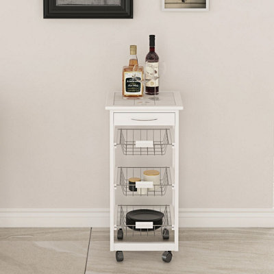 Urbn-Living Urbnliving 86Cm Height Rolling Kitchen Island Trolley Serving Cart White Tile Top Drawer Shelves Basket from B&Q