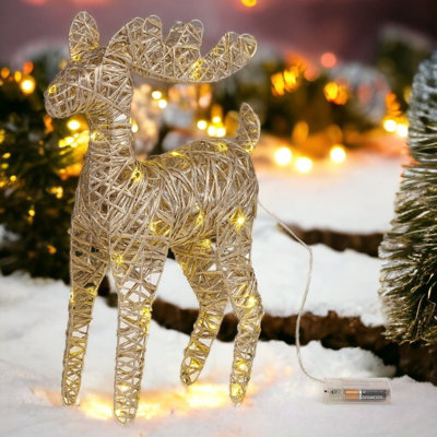Urbn-Living Urbnliving Height 45Cm Set Of 2 Gold Led Light Up Christmas Reindeer Rattan Metal Wire Stag Statue Decoration from B&Q