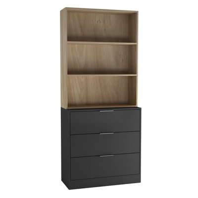 Urbn-Living Urbnliving Height 180Cm Black Drawers & Oak Bookcase 80Cm Width 3 Tier Wooden Storage Chest Cabinet & Display Bookcase Shelving from B&Q