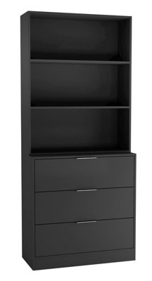 Urbn-Living Urbnliving Height 180Cm Black Drawers & Black Bookcase 60Cm Width 3 Tier Wooden Storage Chest Cabinet & Display Bookcase Shelving from B&Q