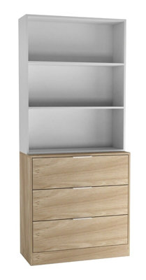 Urbn-Living Urbnliving Height 180Cm Oak Drawers & White Bookcase 60Cm Width 3 Tier Wooden Storage Chest Cabinet & Display Bookcase Shelving from B&Q