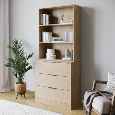 Urbn-Living Urbnliving Height 180Cm Oak Drawers & Oak Bookcase 60Cm Width 3 Tier Wooden Storage Chest Cabinet & Display Bookcase Shelving from B&Q