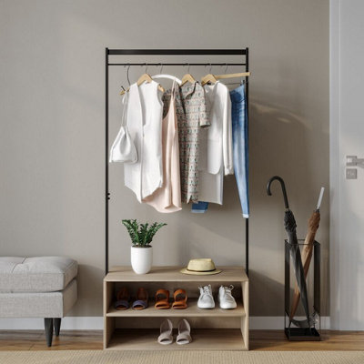 Urbn-Living Urbnliving 170Cm Height Wooden Shoe Rack Shelf Storage & Metal Clothes Coat Garment Hanging Display Rail Oak Colour from B&Q