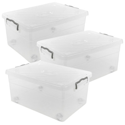 Urbn-Living Urbnliving Height 25Cm Clear Set Of 3 Plastic Stackable Airtight Storage Box Clip Lock Lid On 4 Wheels from B&Q