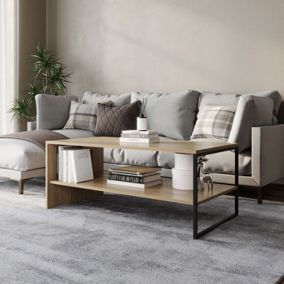 Urbn-Living Urbnliving 100Cm Width Wooden Coffee Table Steel Frame Open Storage Shelf Living Room FurnitureOak from B&Q