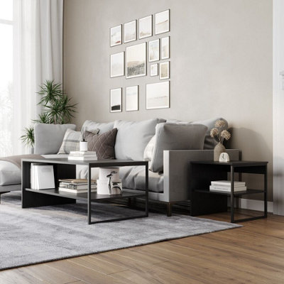 Urbn-Living Urbnliving 100Cm Width Black Steel Frame Wooden Coffee Table & 2 X 40Cm Sofa Side End Open Storage Unit from B&Q