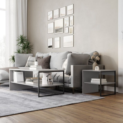 Urbn-Living Urbnliving 100Cm Width Grey Steel Frame Wooden Coffee Table & 2 X 40Cm Sofa Side End Open Storage Unit from B&Q